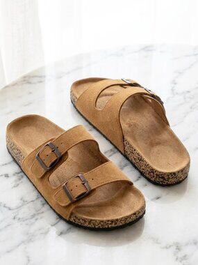 Ladies Double Buckle Slide Sandals in Chestnut